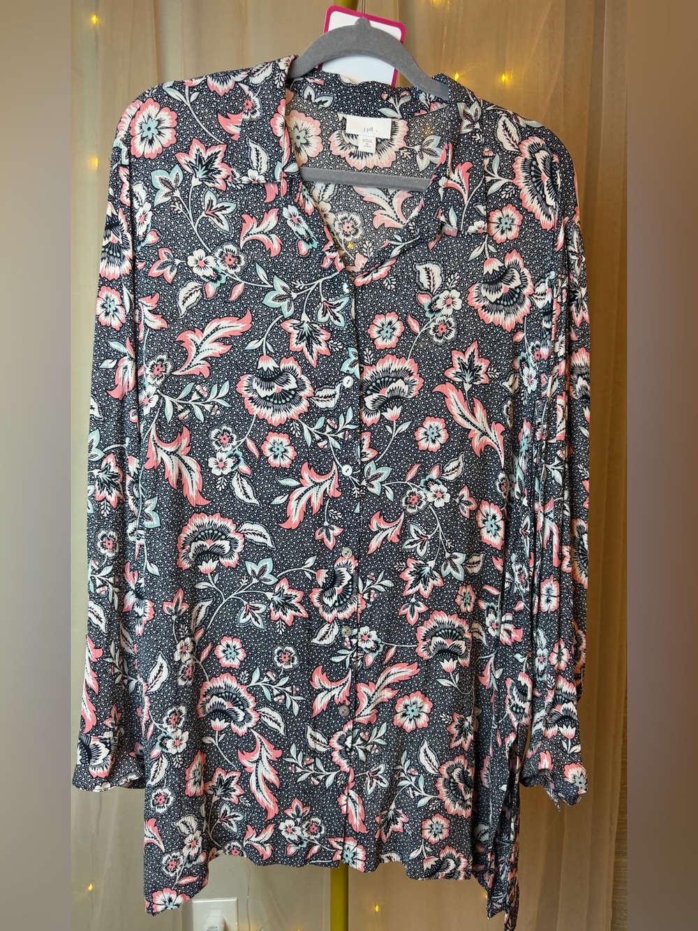 J. Jill Navy Floral Button-Front Tunic with Pink & White Accents